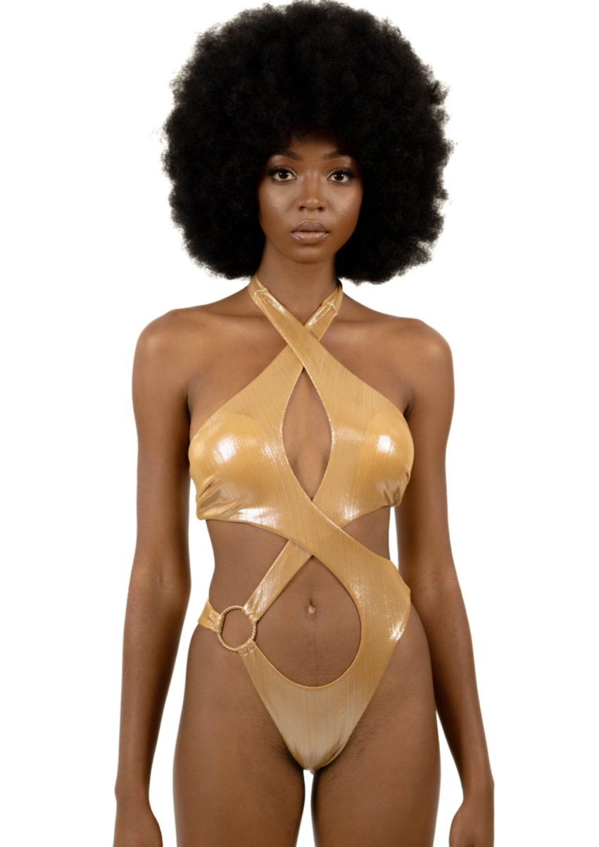 Gold one piece bathing top suit